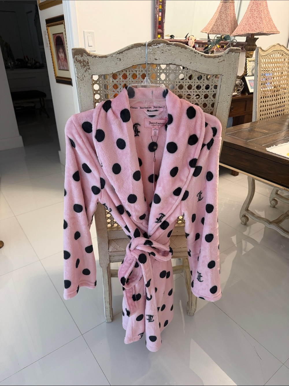 Juicy Couture Pink Plush Robe with Black Polka Dots
